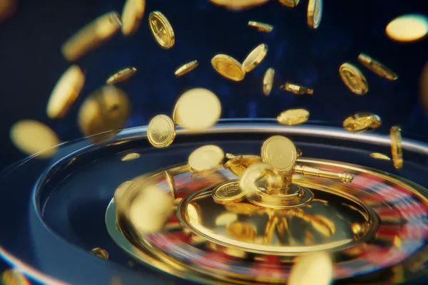 A glowing roulette wheel with cascading chips, symbolizing the engaging live and instant-win games available on BDT3999.